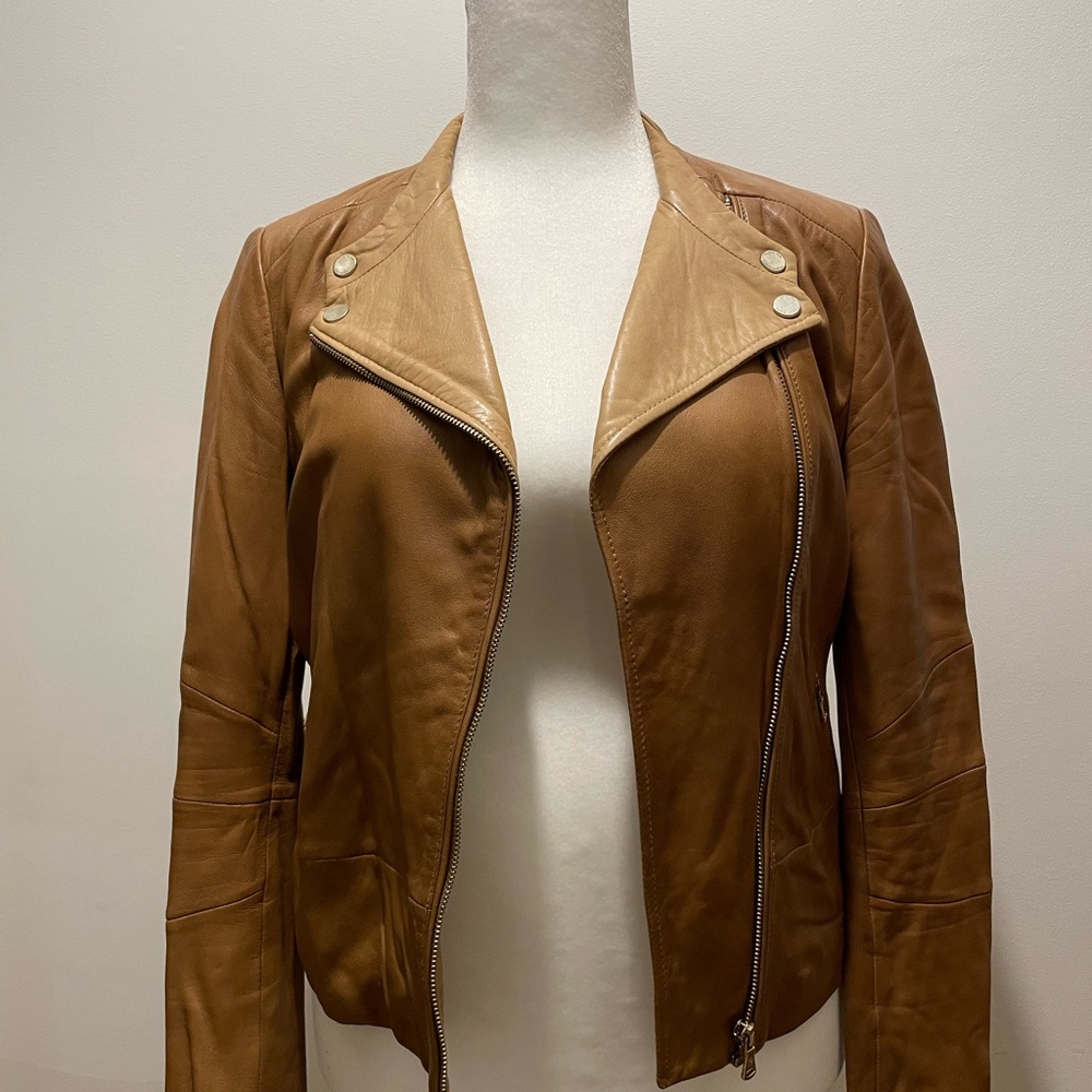 Massimo Dutti camel leather biker jacket size M